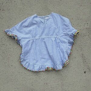 Mini Boden Girls Blue Striped Pom Pom Trim Swim Cover-Up Tunic Top 3-4T